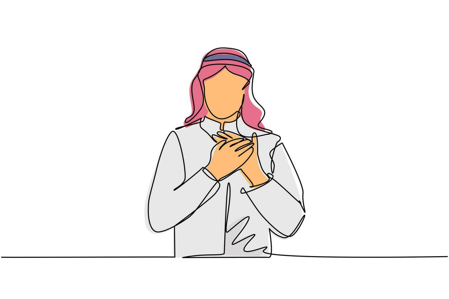 Continuous one line drawing young Arab man keeping hands on chest. Male suffering from chest pain or heart attack. Health care concept. Emotion, body language. Single line draw design vector graphic