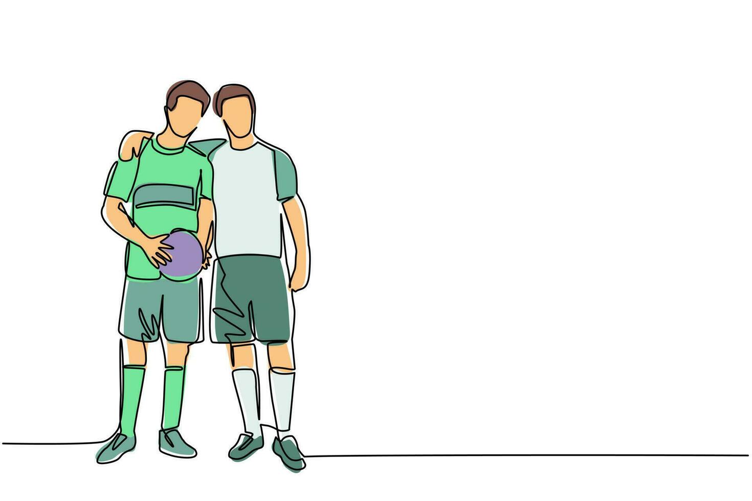 Continuous one line drawing two soccer players embrace each other. Two friendly walking together after match finished. Male soccer players celebrating goal with hug. Single line draw design vector