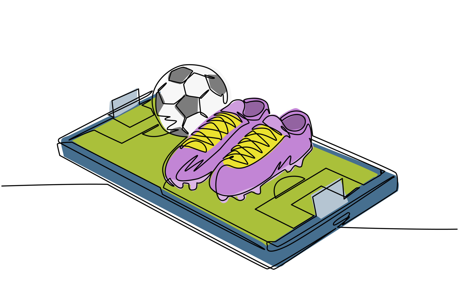 Continuous one line drawing soccer shoes and soccer balls on smartphone screen. Smartphone with app soccer football