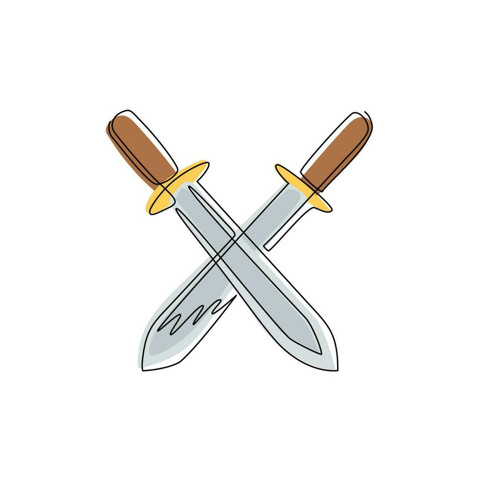 dibujo de una sola línea icono de dos espadas cruzadas, espada de metal, espadas rectas europeas, espada realista aislada. espadas rectas europeas. dagas, cuchillos. vector gráfico de diseño de dibujo de línea continua