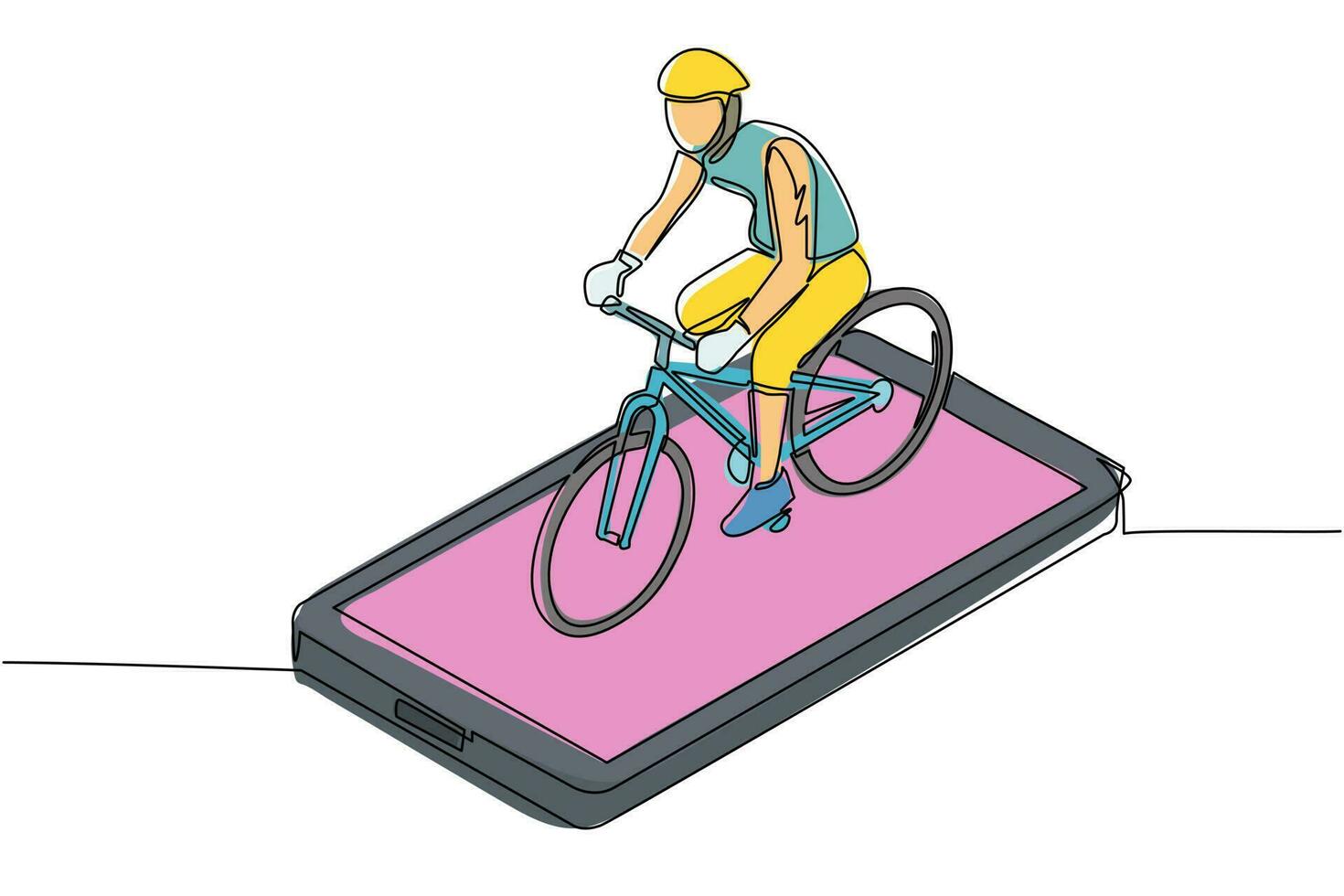 un solo hombre de dibujo de una línea con casco, montando bicicleta en la pantalla del teléfono inteligente. recreación deportiva en línea. bicicleta virtual para entrenamiento cardiovascular. ilustración de vector gráfico de diseño de dibujo de línea continua