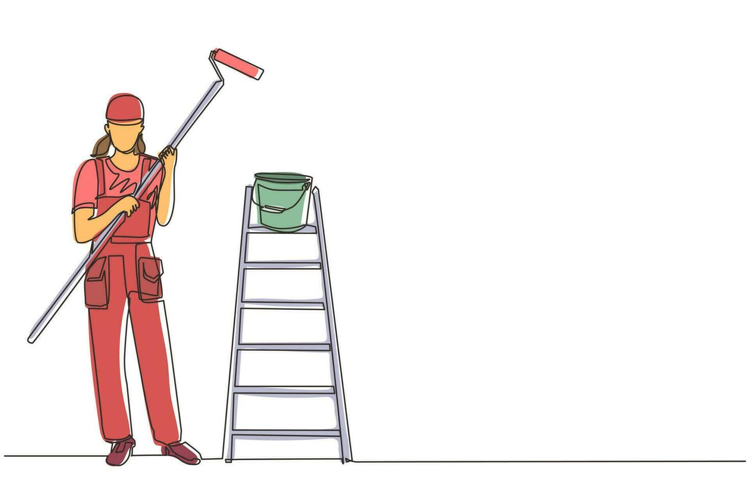 Continuous one line drawing painter woman in overalls with a painting roller, with bucket and ladder. Room painter. Handywoman. Construction worker. Single line draw design vector graphic illustration
