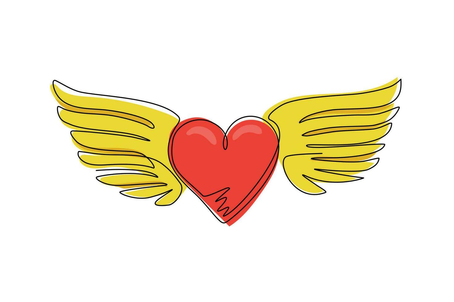 Continuous one line drawing heart love romantic with wings silhouette flat style icon. Flying heart logo with wings. Winged hearts fly in the sky. Single line draw design vector graphic illustration