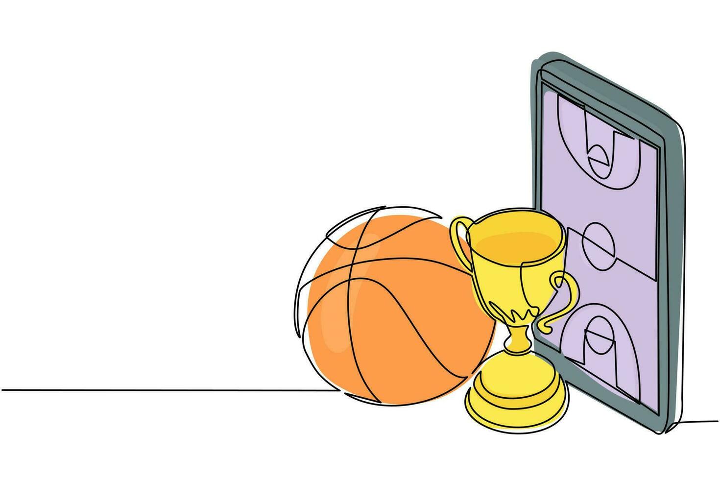 Single continuous line drawing basketball court on screen smartphone with basketball cup and basketball ball. Mobile sport stream championship to play. One line draw graphic design vector illustration