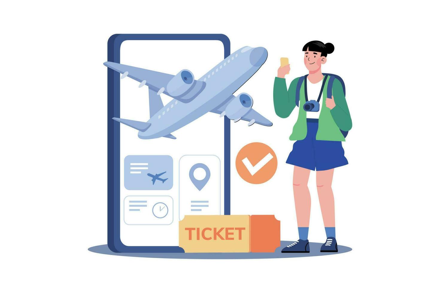 A woman buys plane tickets online to save money vector
