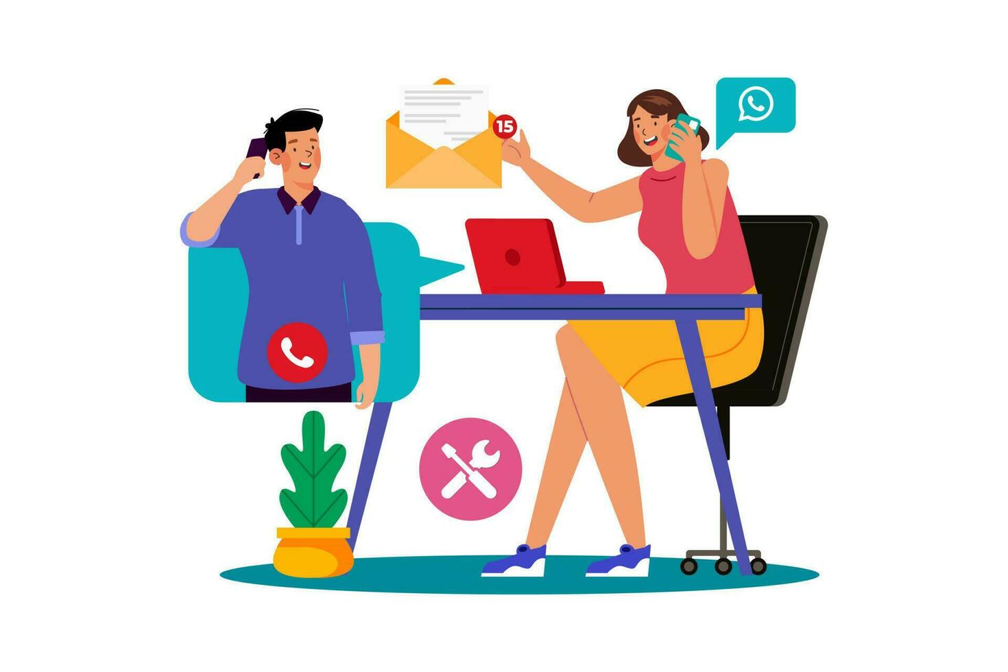 Customer service representative answering phone calls and emails while