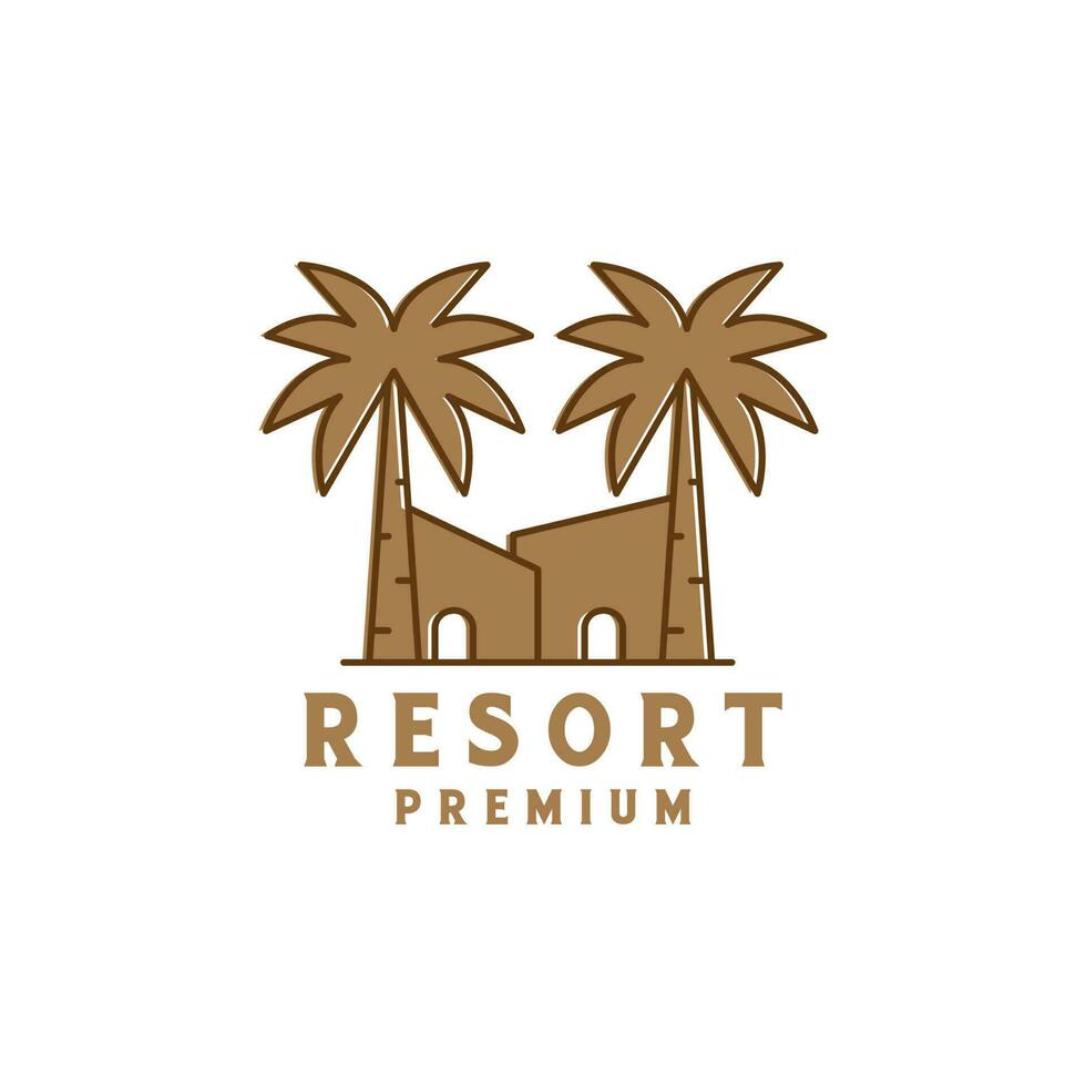 resort building logo with coconut tree vector icon symbol illustration design