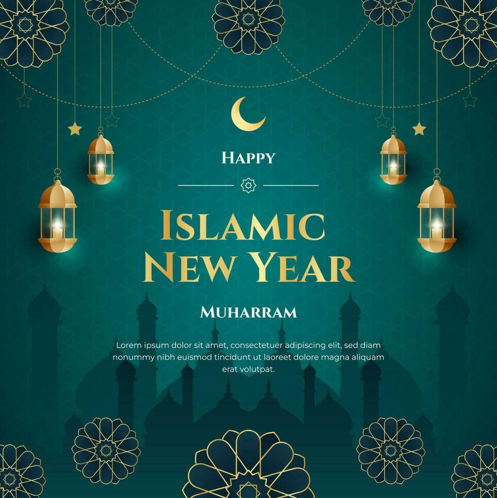 Happy Islamic New Year Muharram banner with Islamic ornament illustration on green gradient background vector