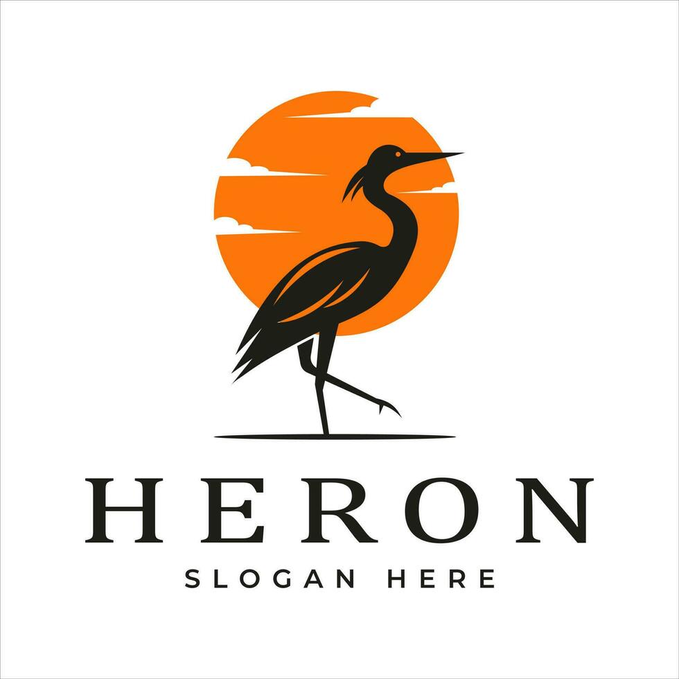 Illustration of a crane standing under the moon with a beautiful sky filled with soft light. heron logo design vector