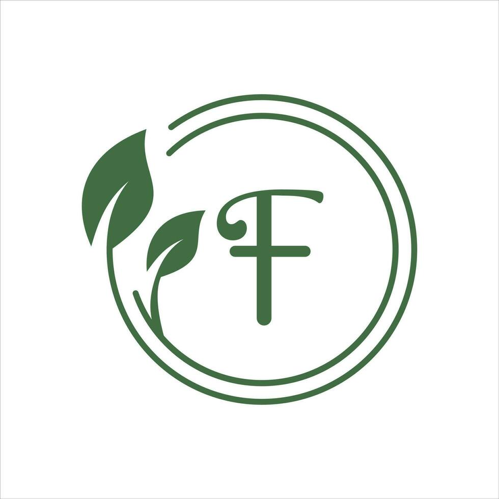 Leaf circle vector design, herbal green tea, natural medicine, sprout with green leaves. Letter F in the middle