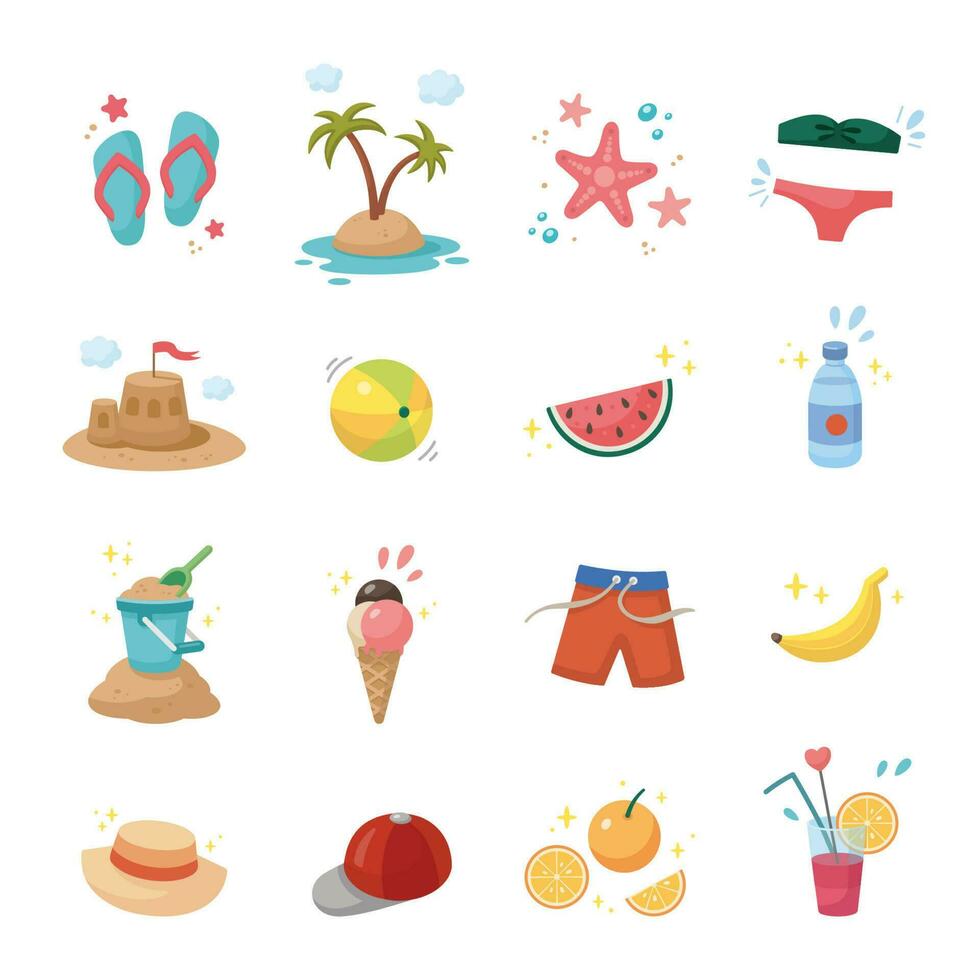 Summer Set. Colection of cute summer icons. Summer time elements. Collection of elements for beach party. Cartoon vector illustration.