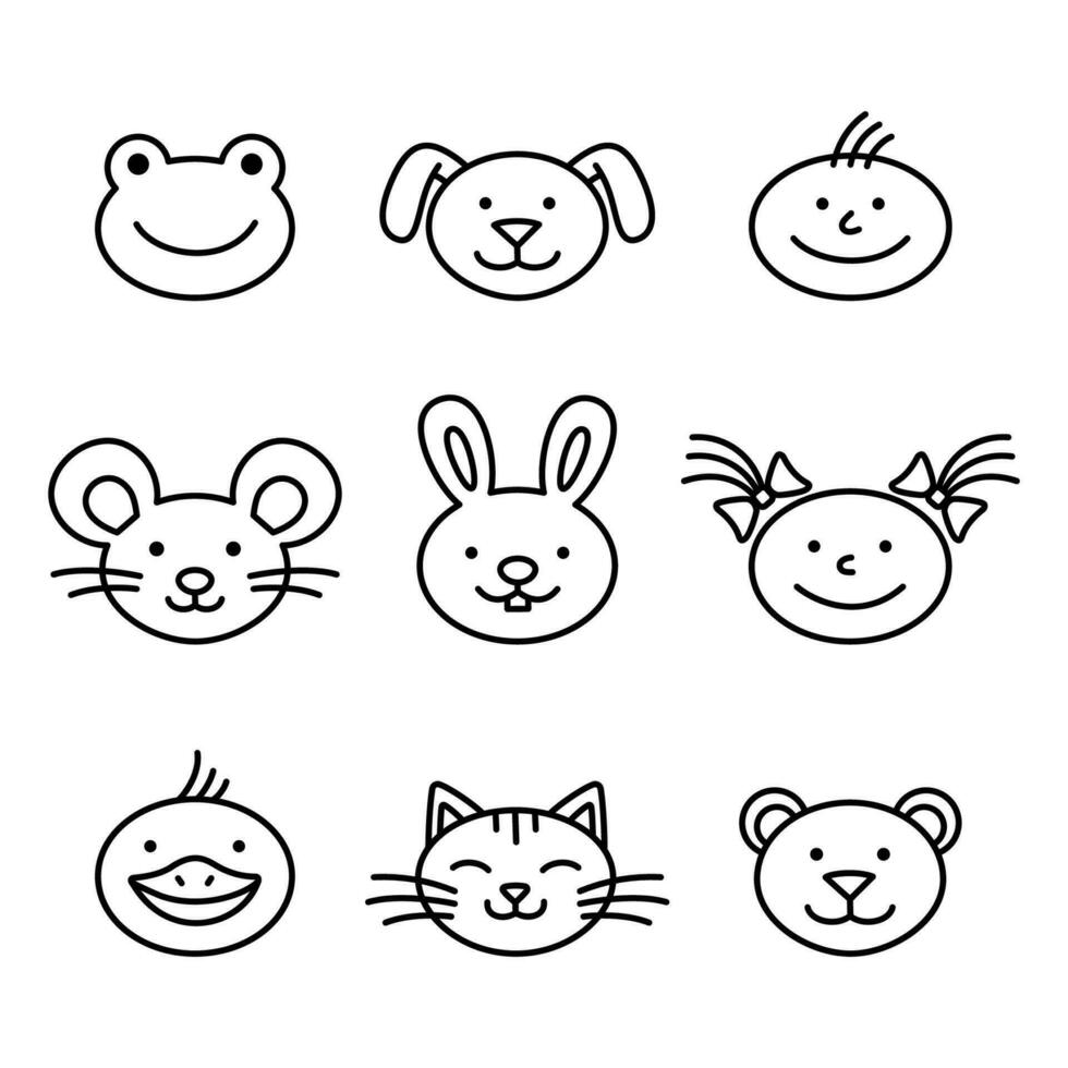 Animal and children faces. Doodle style. Hand drawn characters. Line art icons. Animal muzzles set. vector