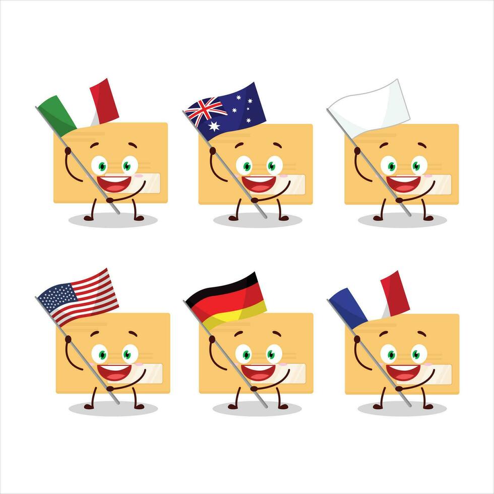 Brown rectangle envelope cartoon character bring the flags of various countries vector