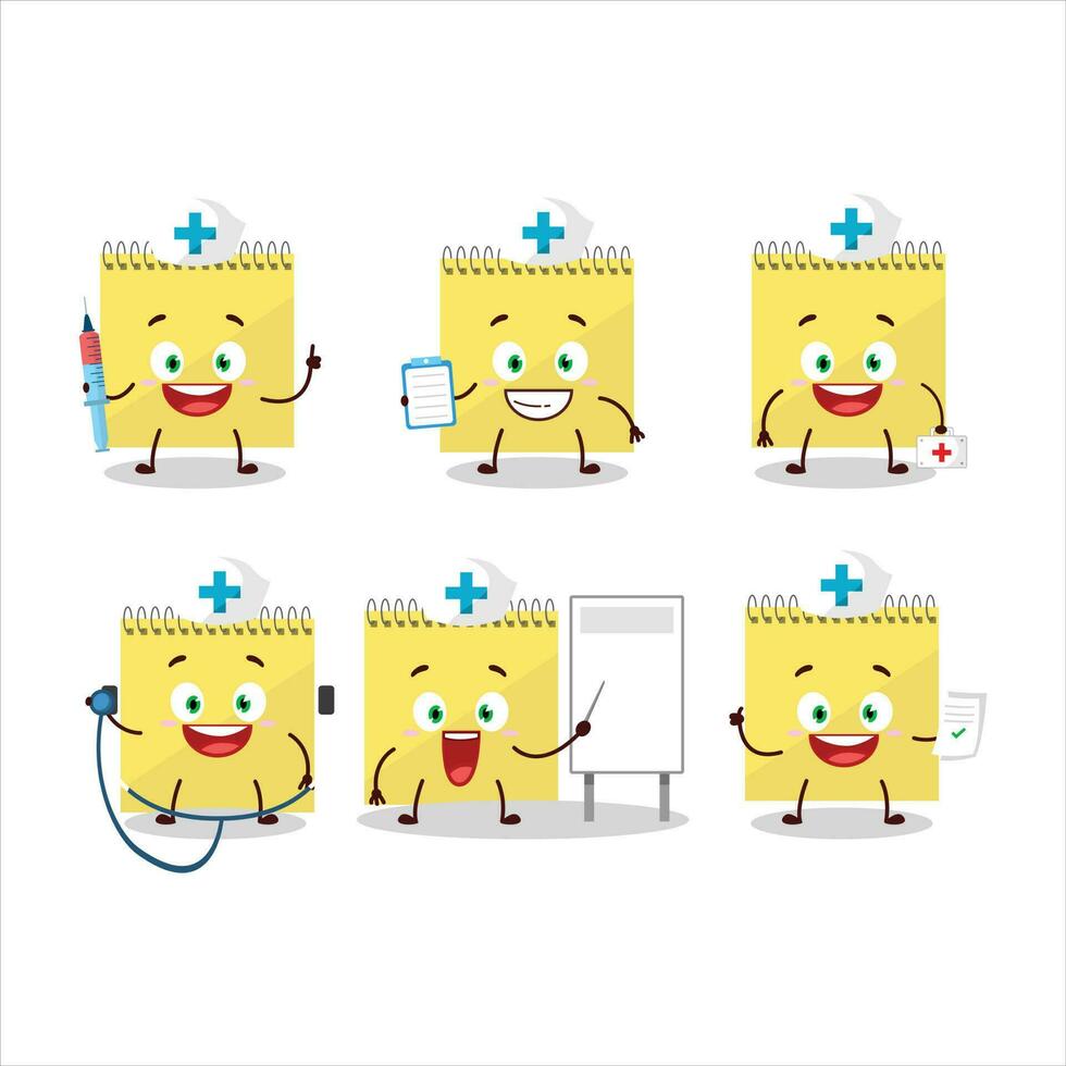 médico profesión emoticon con espiral cuadrado amarillo cuadernos dibujos animados personaje vector