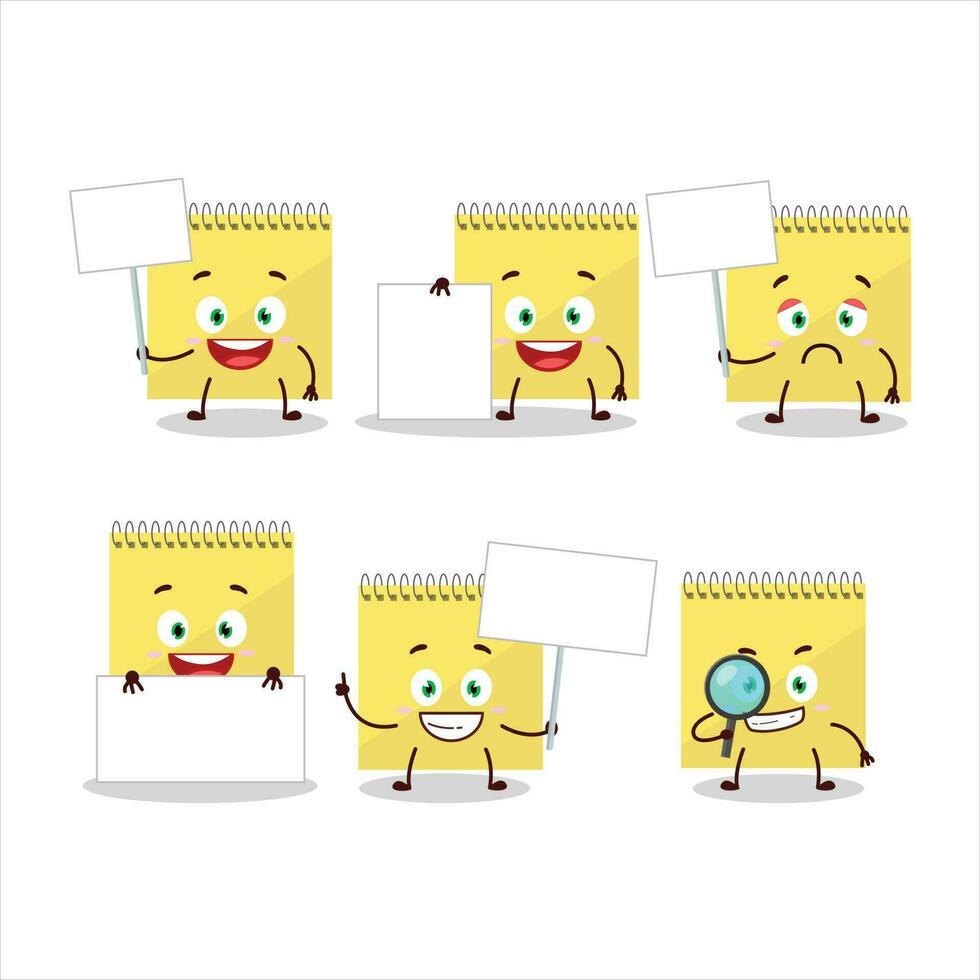 Spiral square yellow notebooks cartoon character bring information board vector