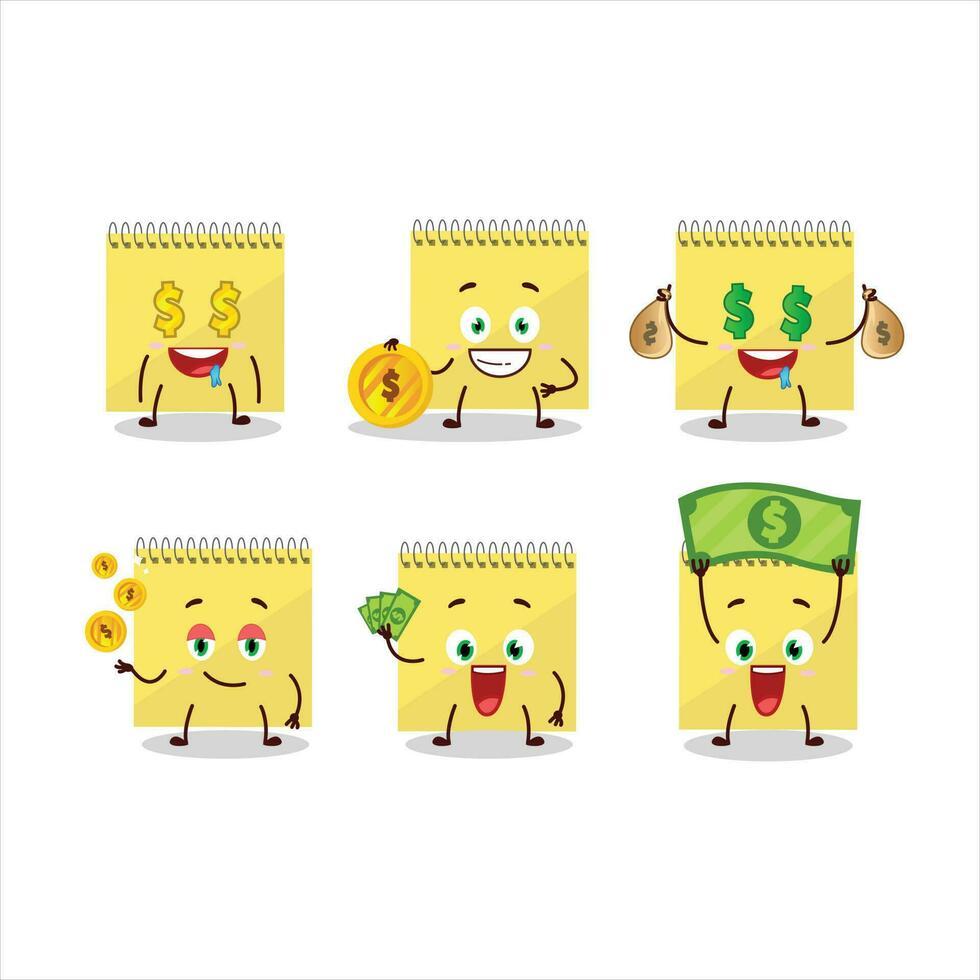 Spiral square yellow notebooks cartoon character with cute emoticon bring money vector