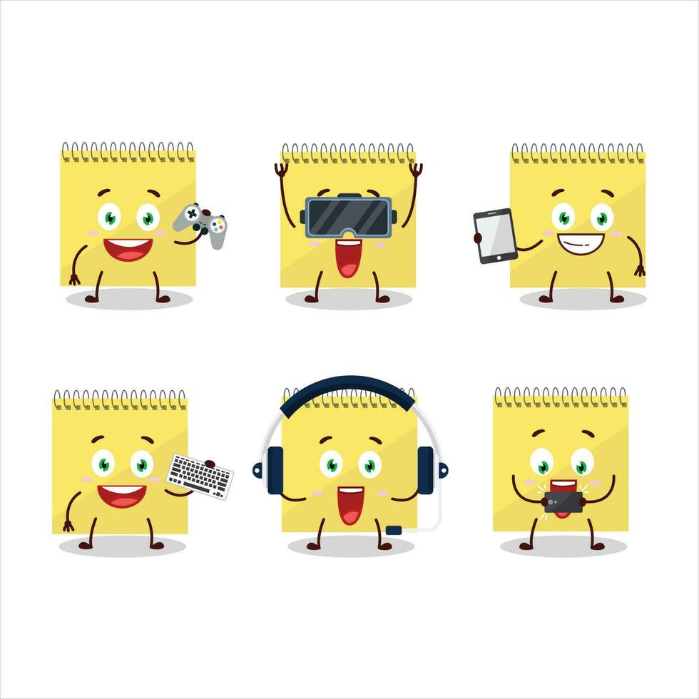 Spiral square yellow notebooks cartoon character are playing games with various cute emoticons vector