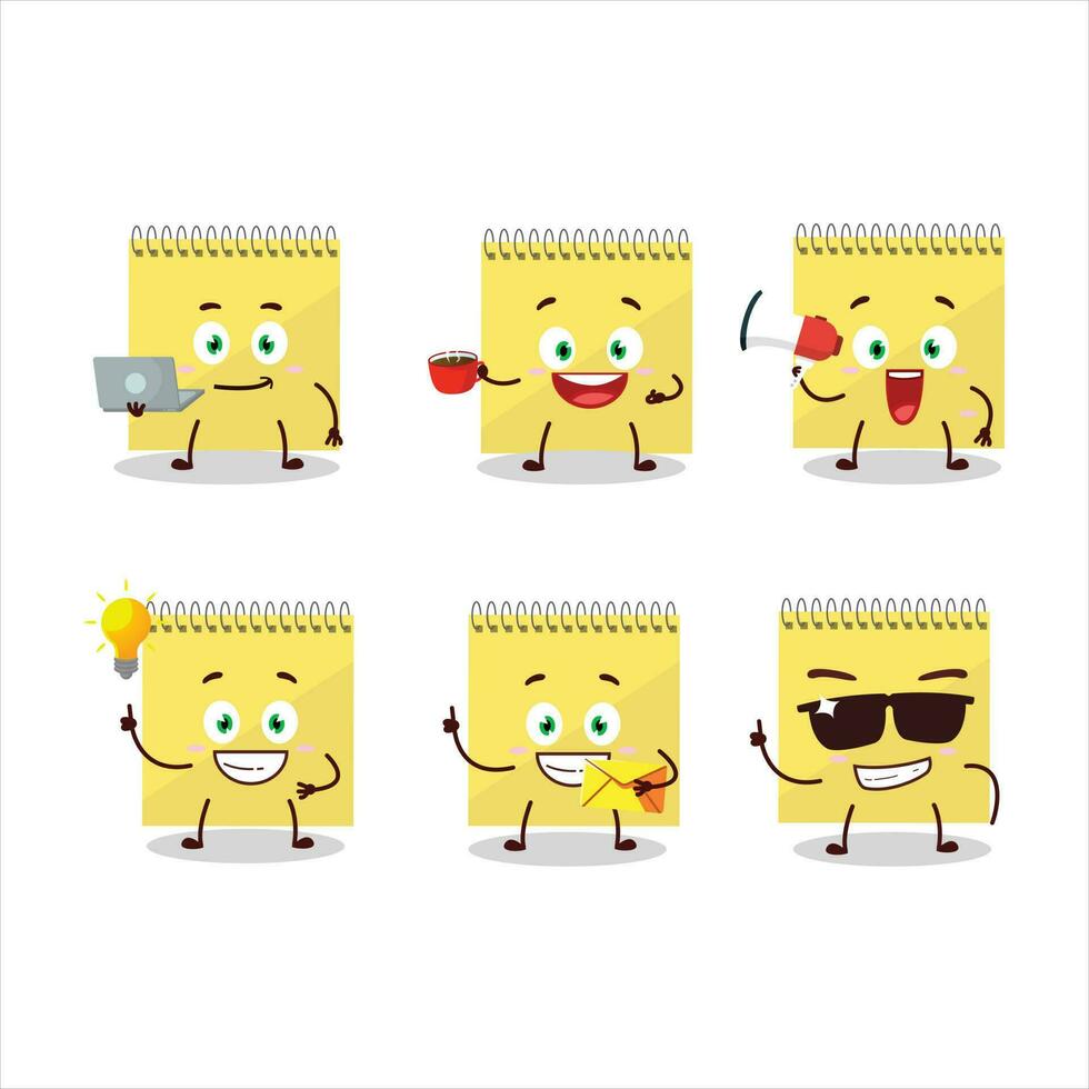 Spiral square yellow notebooks cartoon character with various types of business emoticons vector