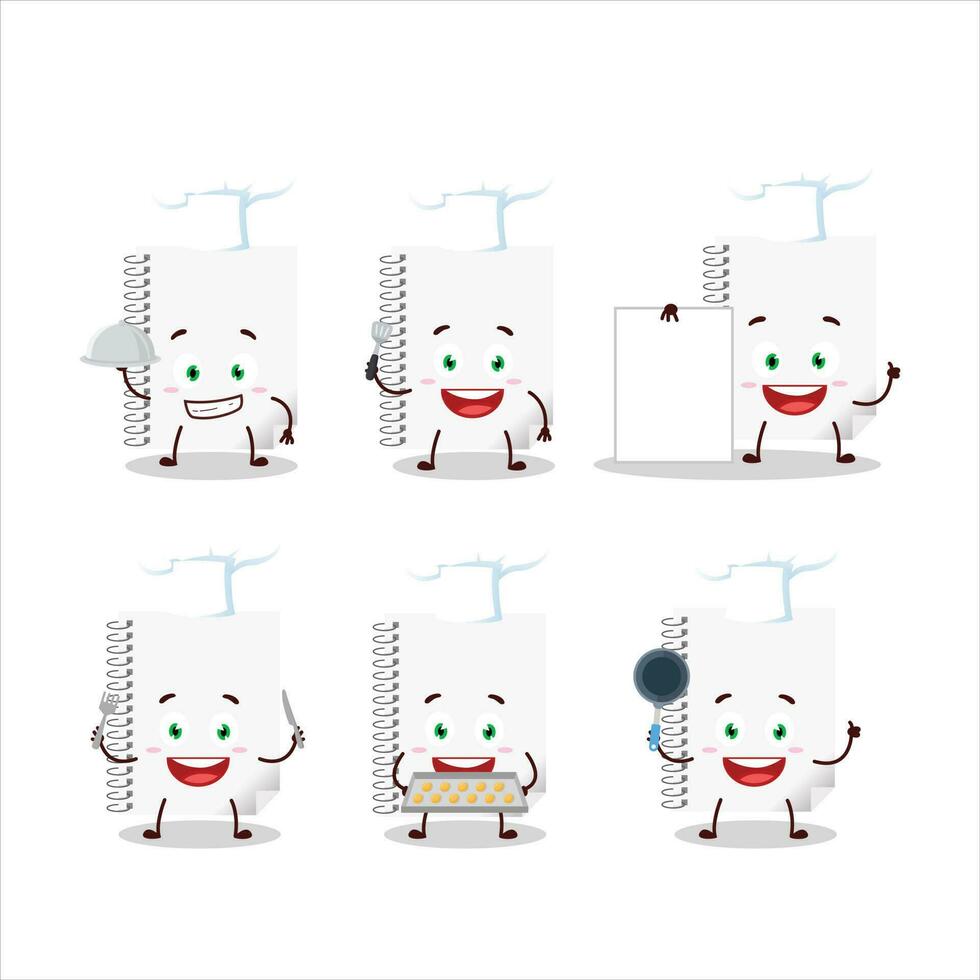 Cartoon character of spiral blank white notebooks with various chef emoticons vector