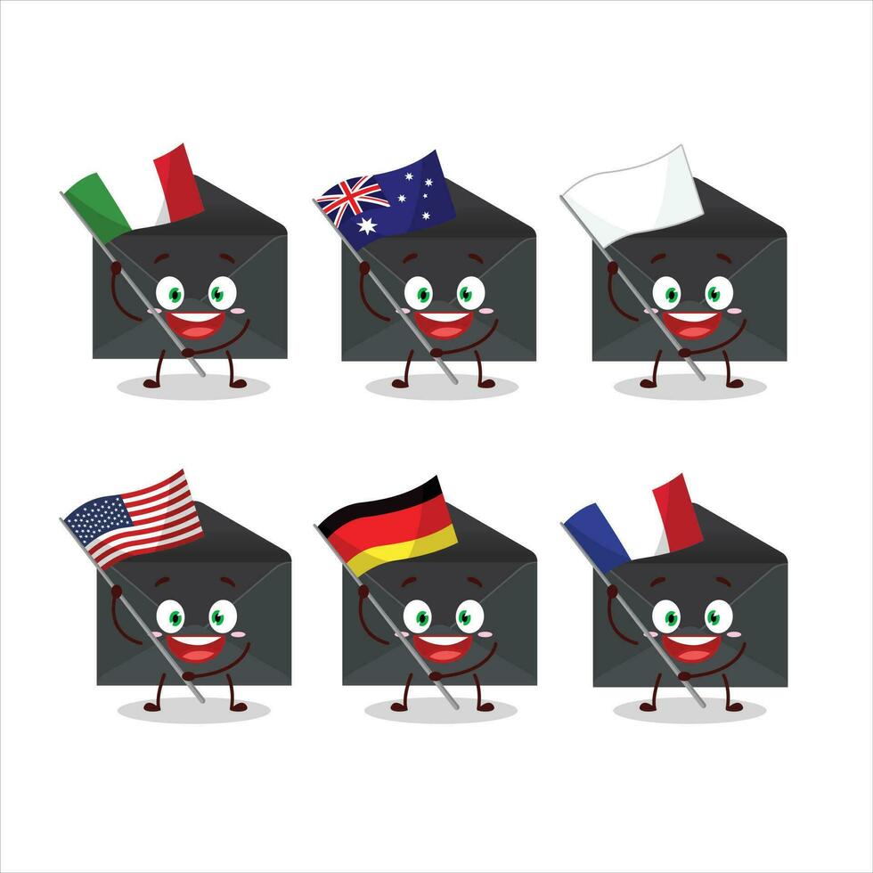 negro sobre dibujos animados personaje traer el banderas de varios países vector