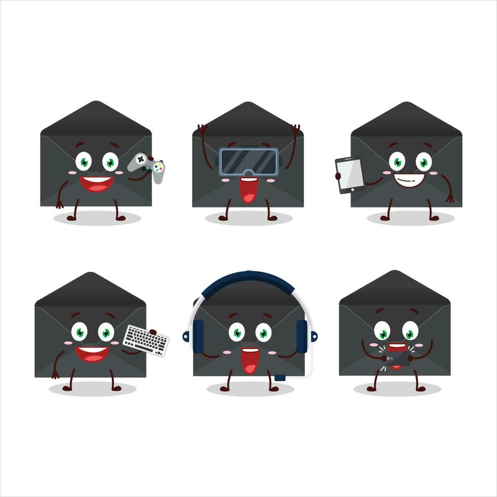 Black envelope cartoon character are playing games with various cute emoticons vector