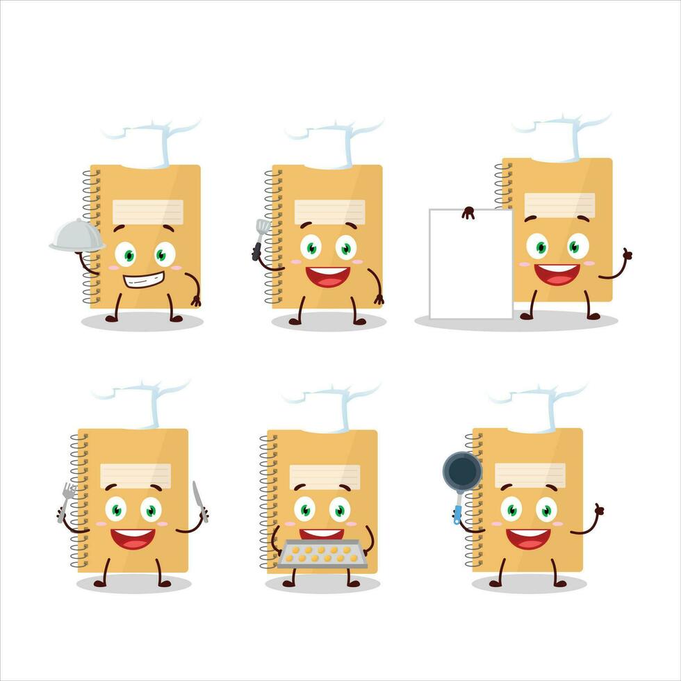 Cartoon character of brown spiral notebooks with various chef emoticons vector