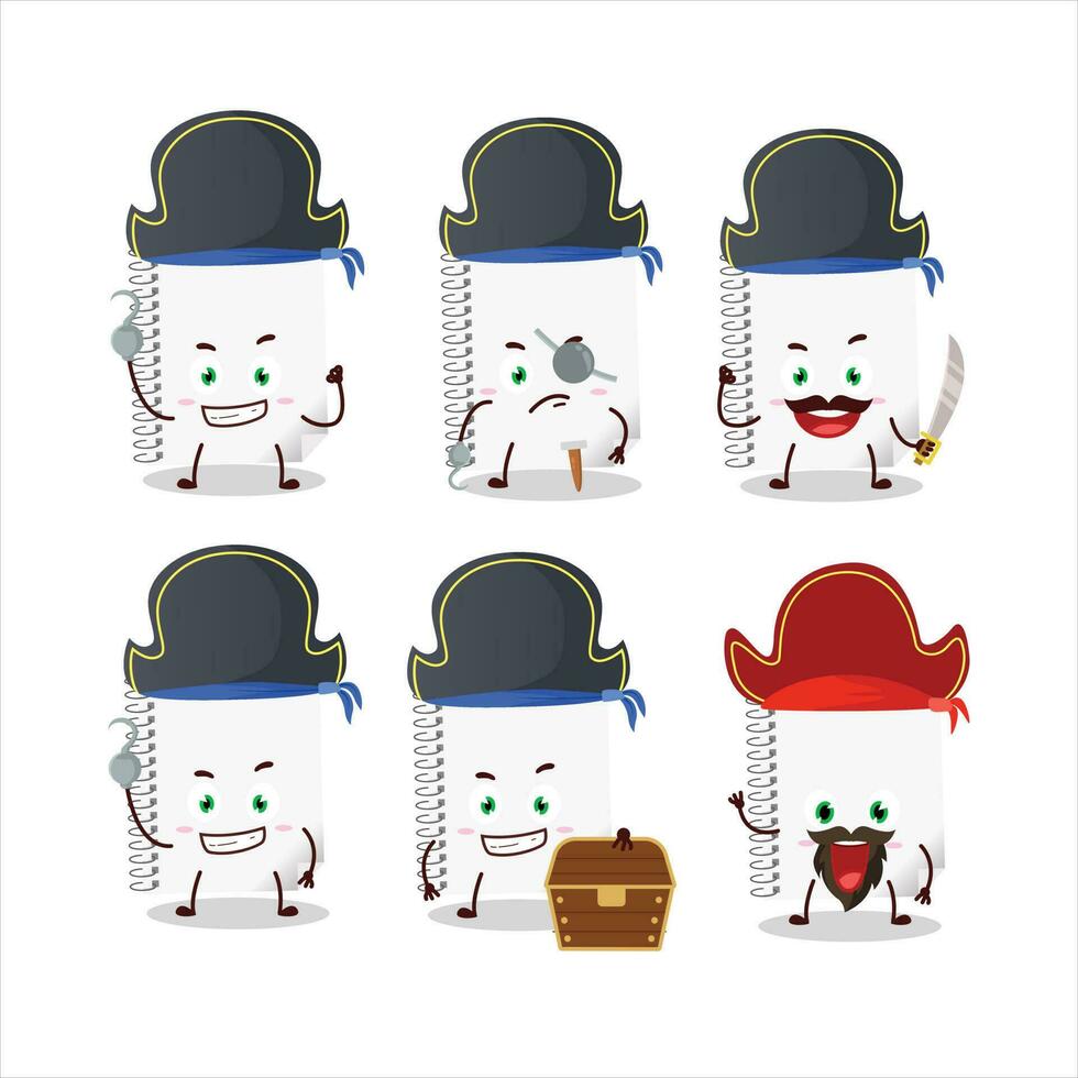 Cartoon character of spiral blank white notebooks with various pirates emoticons vector