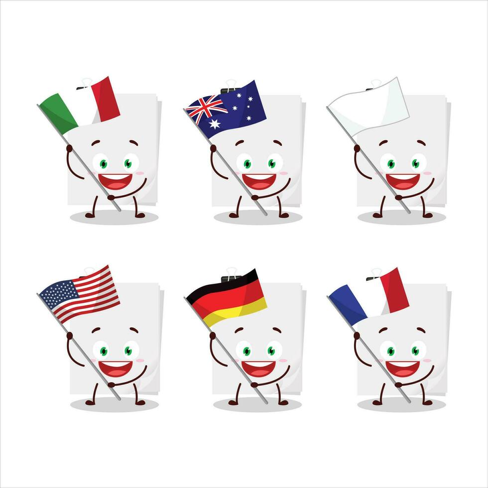 Sticky notes paper white cartoon character bring the flags of various countries vector