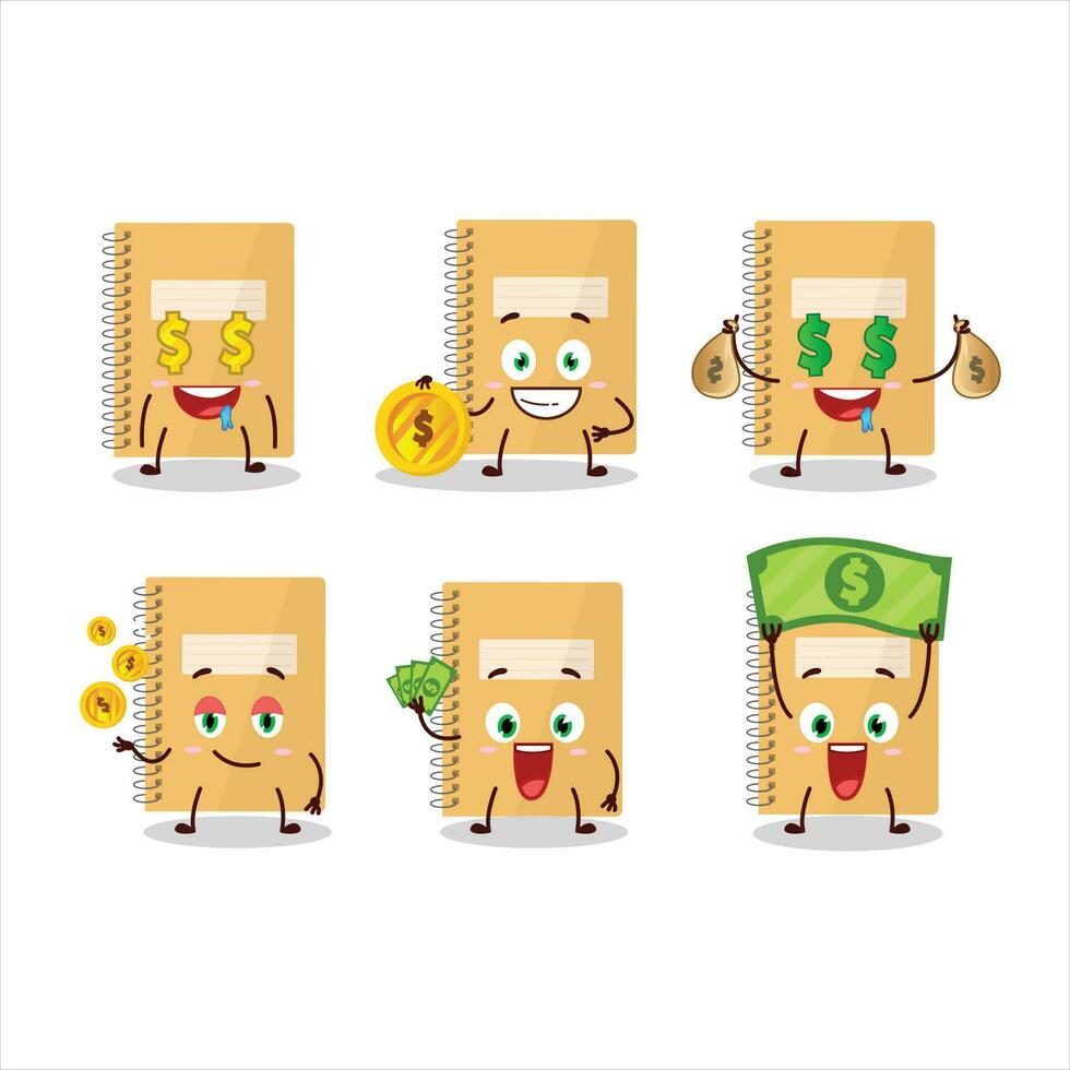 Brown spiral notebooks cartoon character with cute emoticon bring money vector
