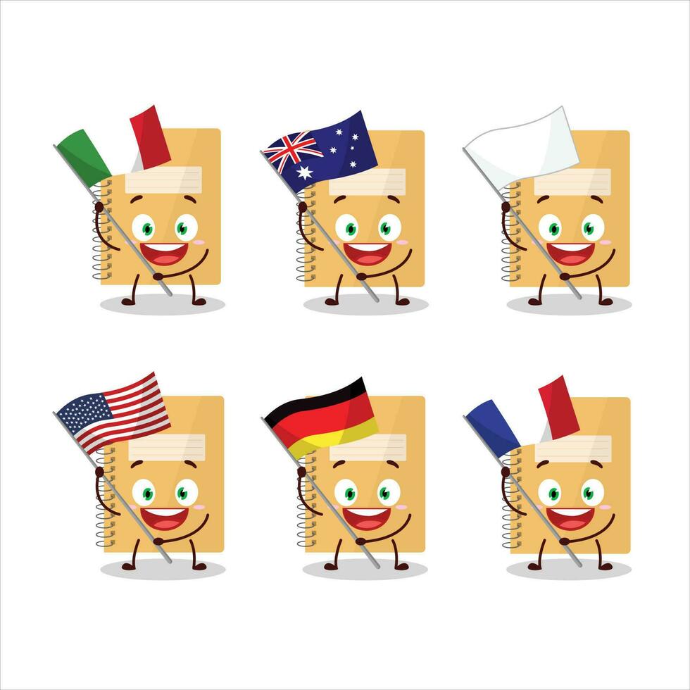 marrón espiral cuadernos dibujos animados personaje traer el banderas de varios países vector