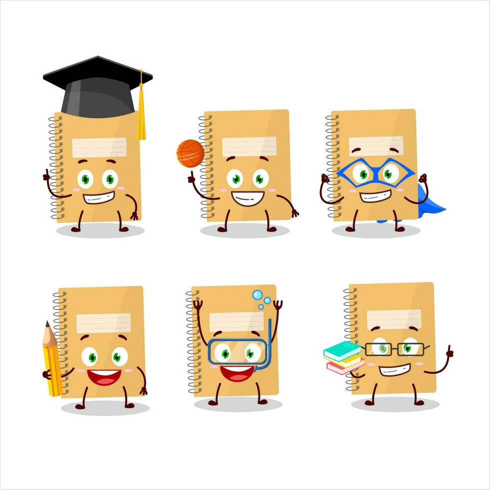 School student of brown spiral notebooks cartoon character with various expressions vector