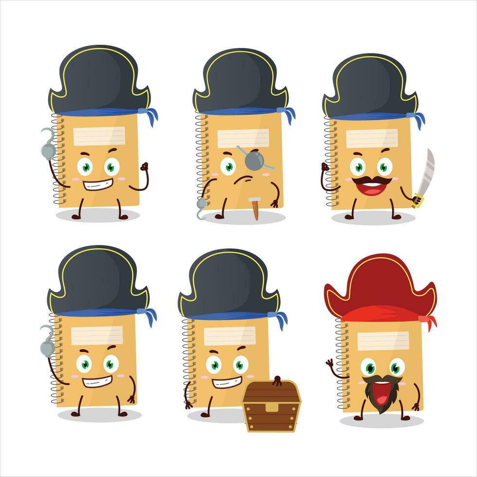 Cartoon character of brown spiral notebooks with various pirates emoticons vector
