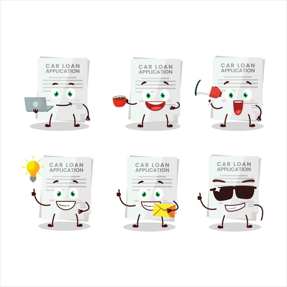 Car loan application cartoon character with various types of business emoticons vector
