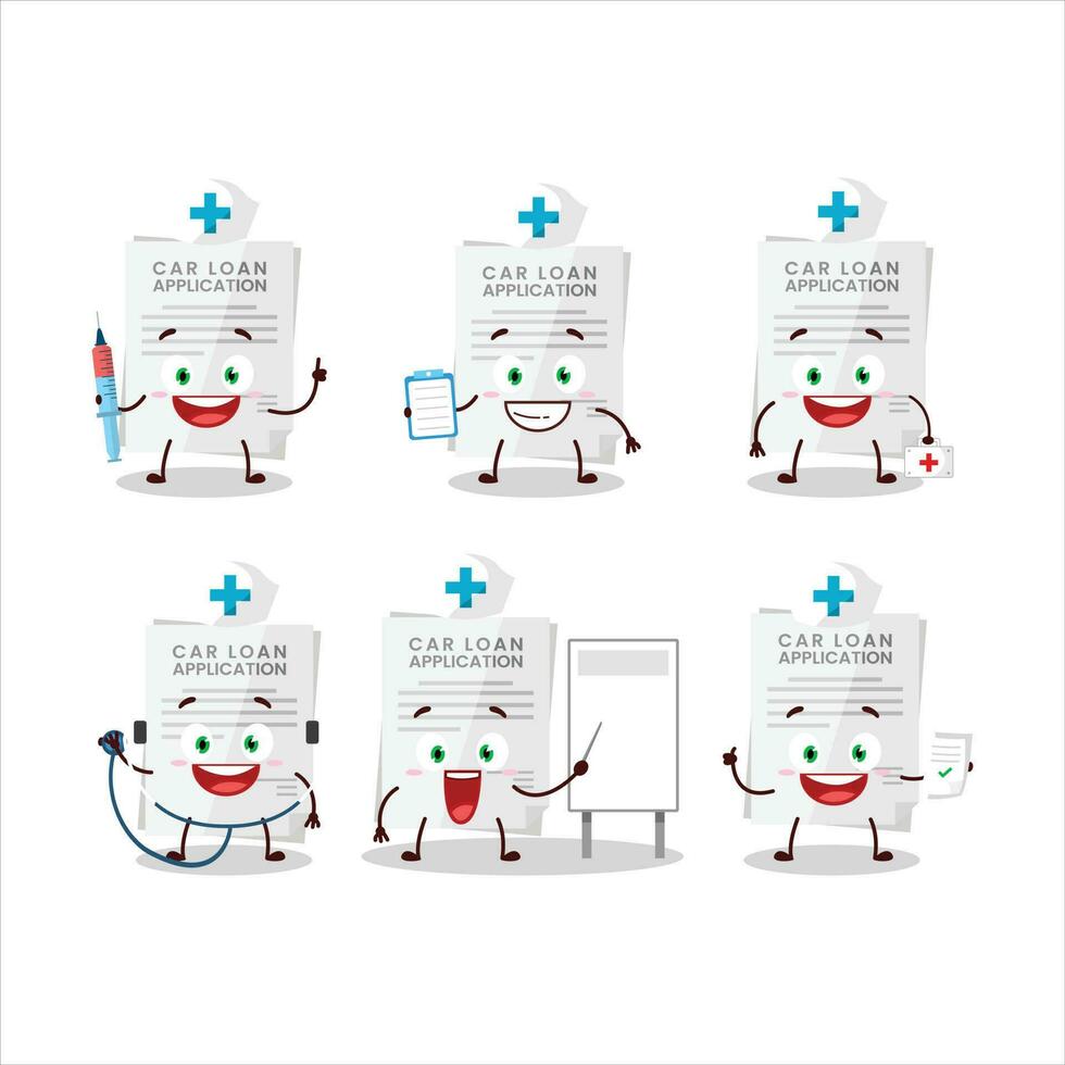 médico profesión emoticon con coche préstamo solicitud dibujos animados personaje vector