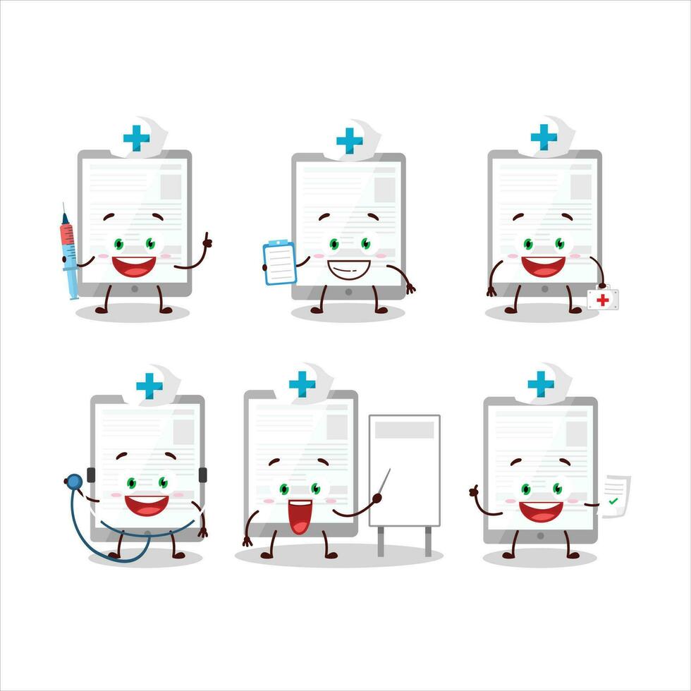 Doctor profession emoticon with news in tablet cartoon character vector