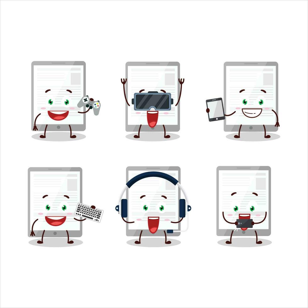 Noticias en tableta dibujos animados personaje son jugando juegos con varios linda emoticones vector