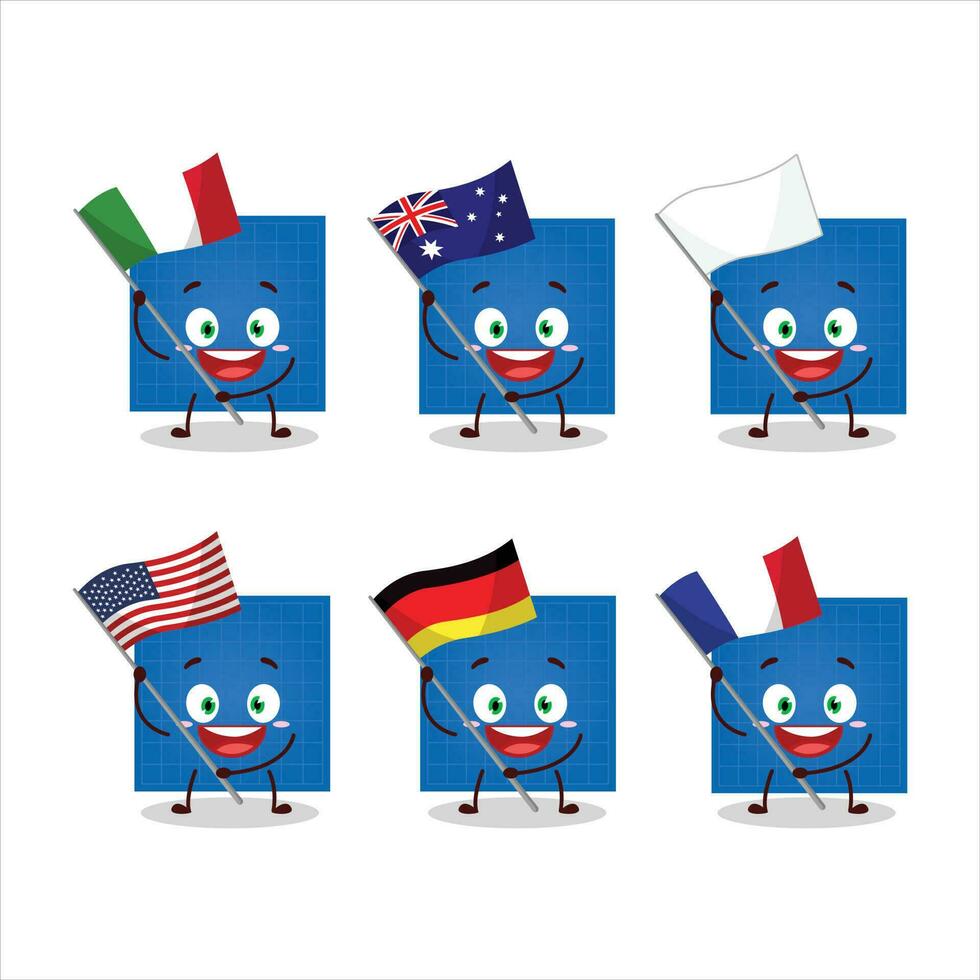 Plano papel dibujos animados personaje traer el banderas de varios países vector