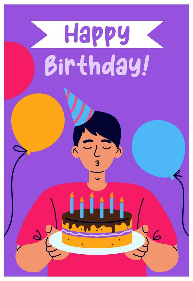 Birthday greeting card with young man blow out candles on the cake. Balloons on background. Birthday party, celebration, congratulations, invitation concept. vector