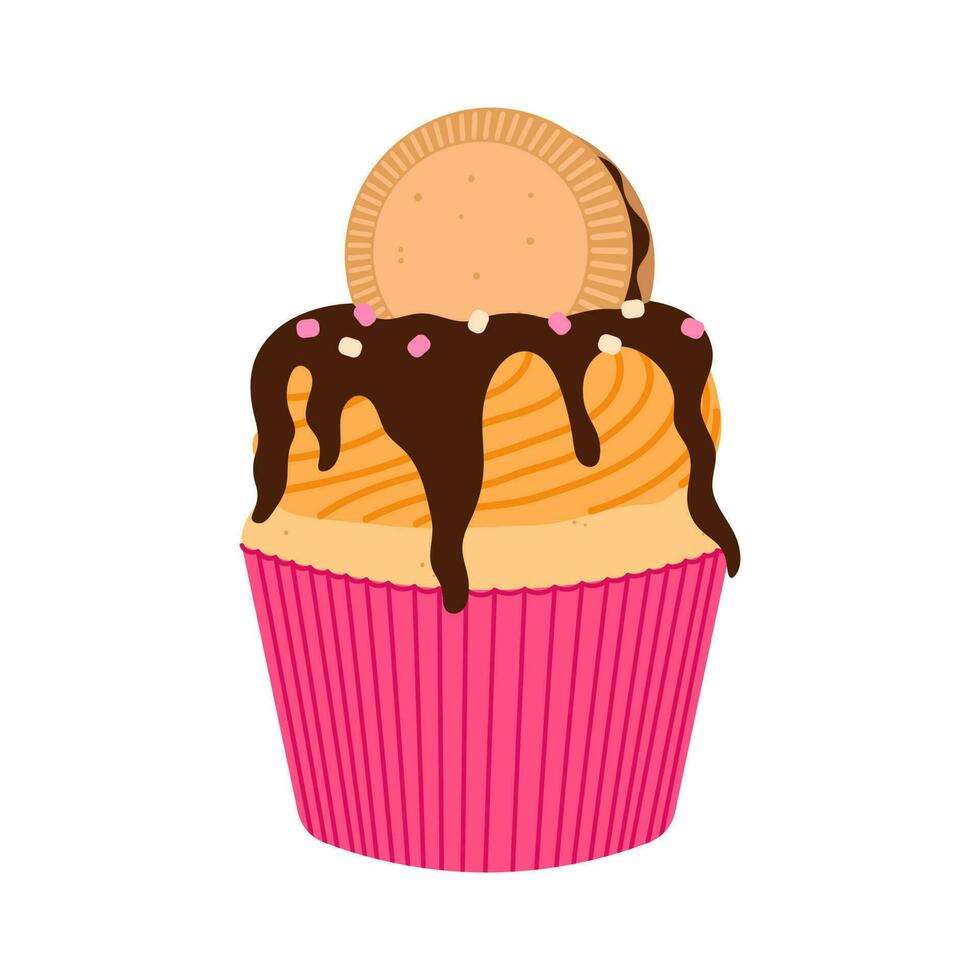 Sweet vanilla cupcake decorated with cookie, marshmallows and chocolate. Flat vector illustration isolated on white background.