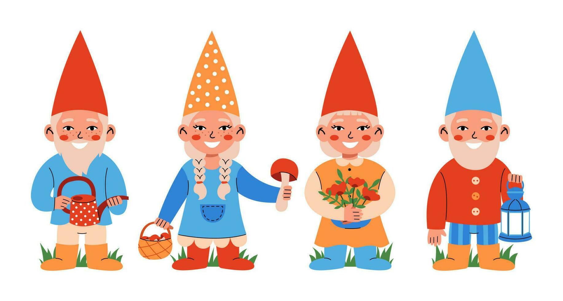 Set of garden gnomes or dwarfs holding watering can, mushrooms, flowers, lantern. Fairy tale fantastic characters on white background. vector