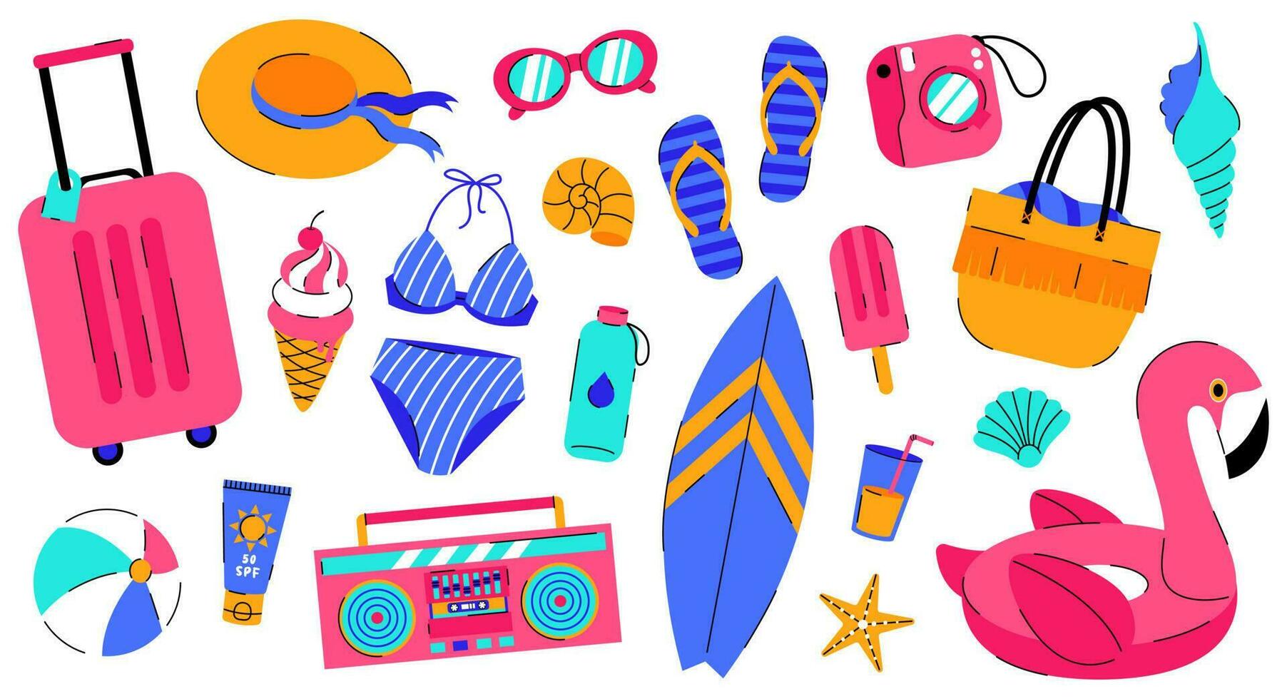 Set of summer items for sea holidays. Bikini, sunscreen, flip flops, surfboard, ice cream, camera, shells, flamingo rubber ring. Flat cartoon illustration on white background. vector