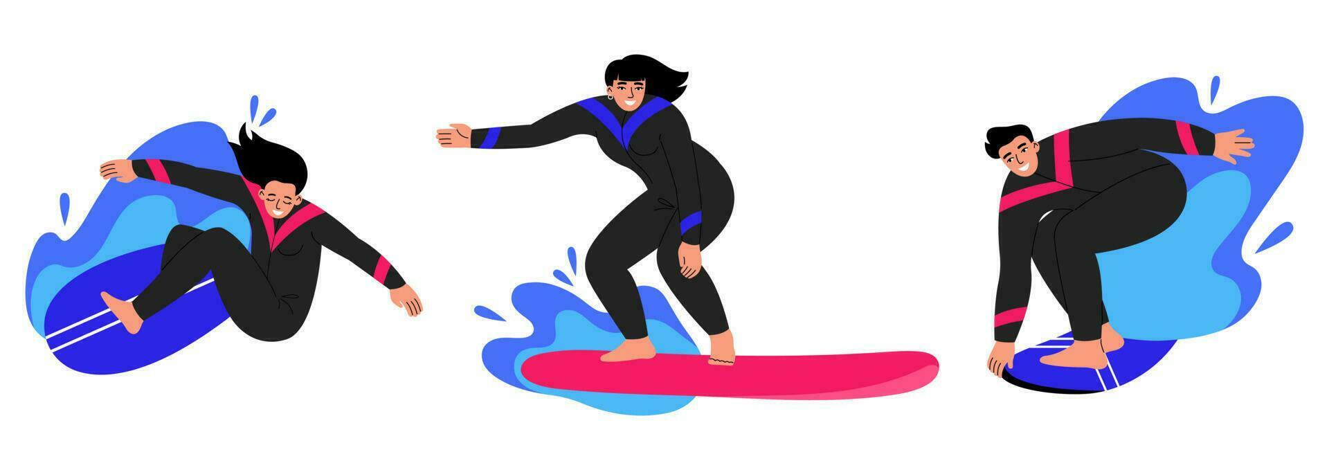 Young people surfing. Surfers standing on surfboards in wave. Flat vector illustration on white background.