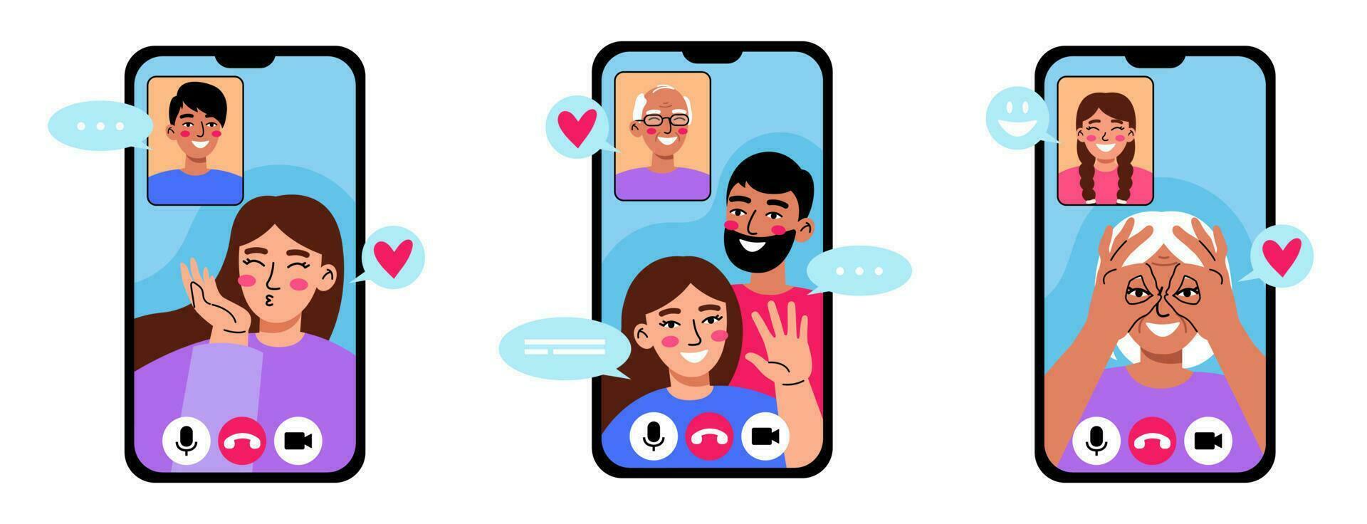 Video communication conference with family on the Internet. People make a video call via mobile phone.  Flat vector illustration.