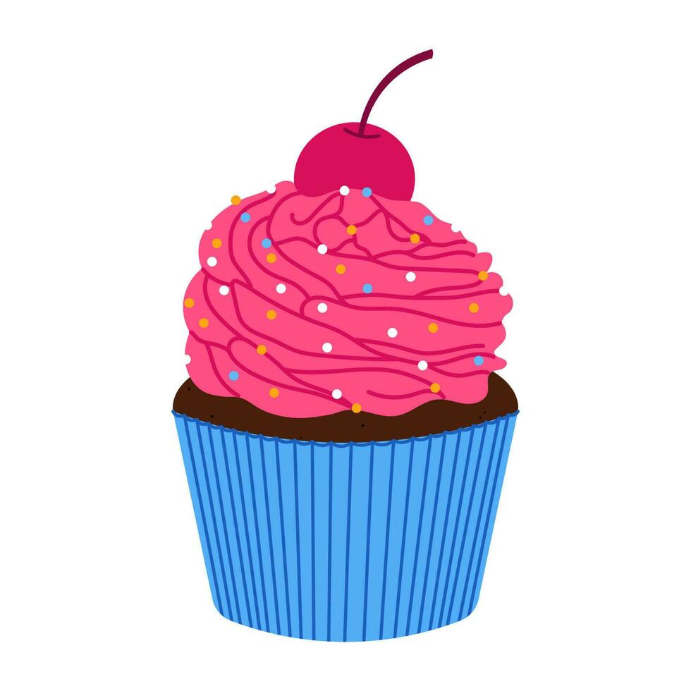 Sweet chocolate cupcake decorated with cherry, whipped cream and sprinkles. Flat vector illustration isolated on white background.