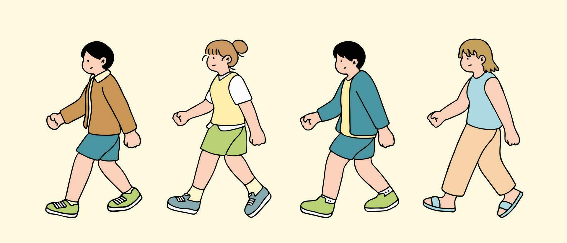 An illustration shows characters of people walking down the street. Young girls and men are depicted in a side view, walking while isolated on a white background. vector