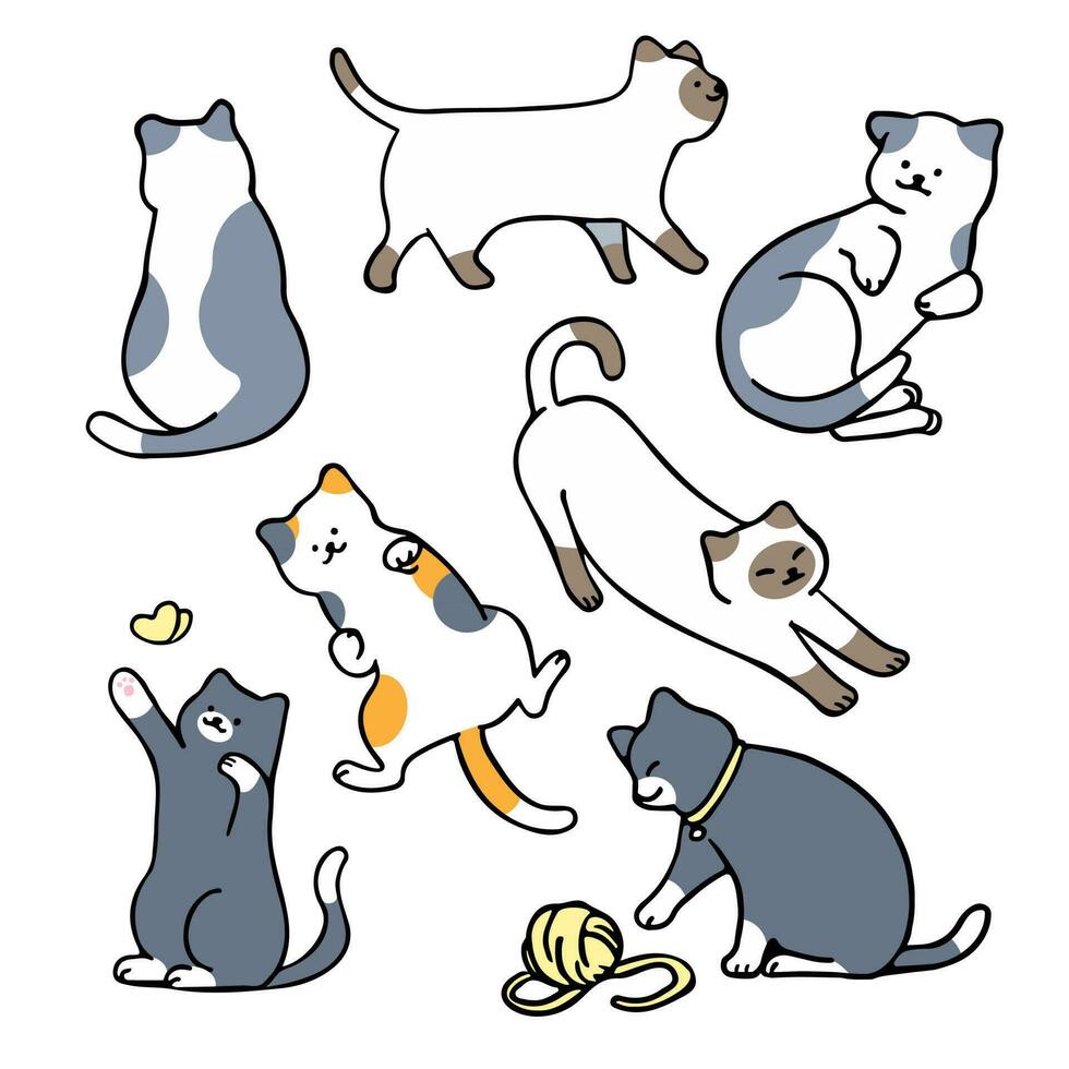 Flat, minimal vector illustration of cats in different poses, with outline style character design.