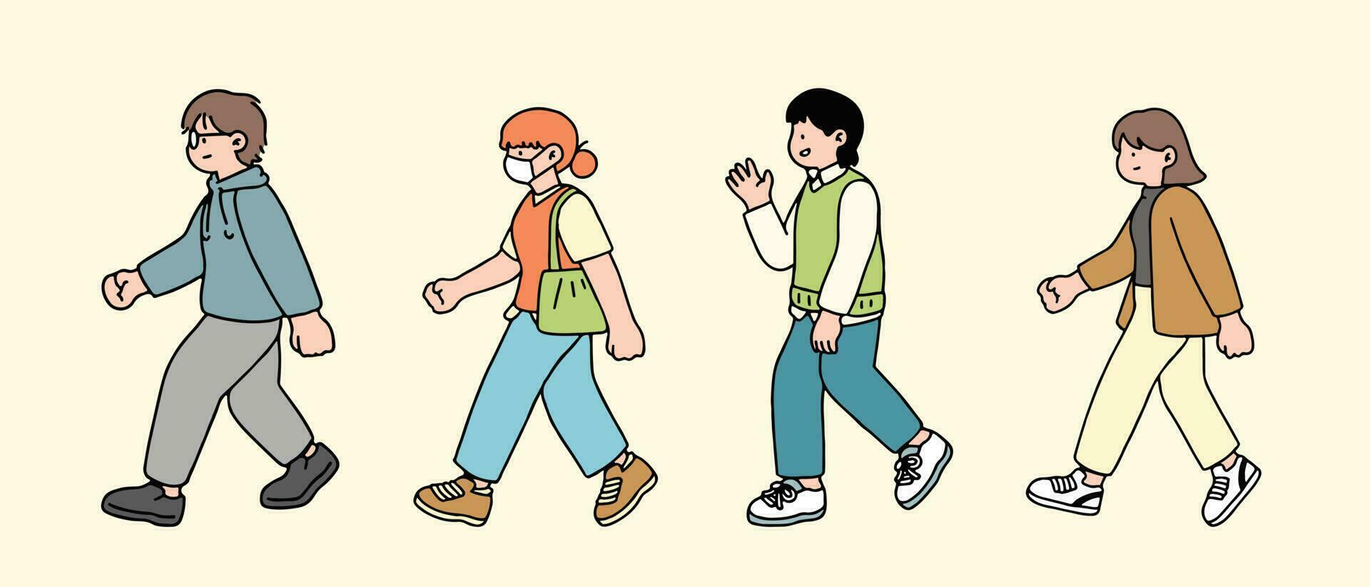 An illustration shows characters of people walking down the street. Young girls and men are depicted in a side view, walking while isolated on a white background. vector