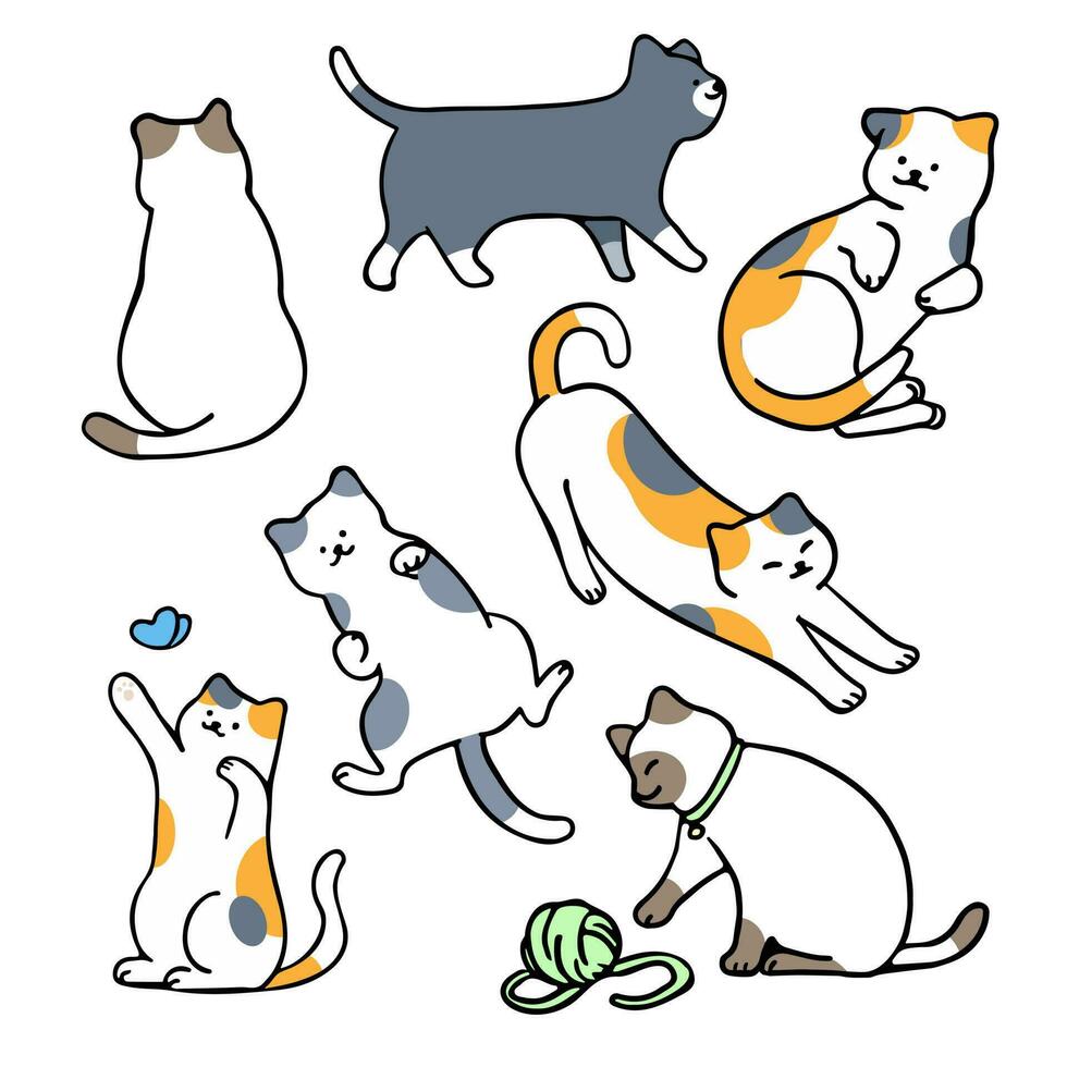 Flat, minimal vector illustration of cats in different poses, with outline style character design.