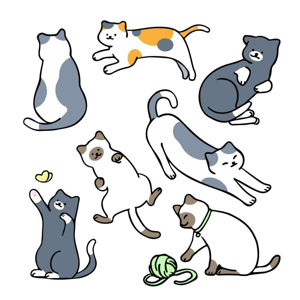 Flat, minimal vector illustration of cats in different poses, with outline style character design.