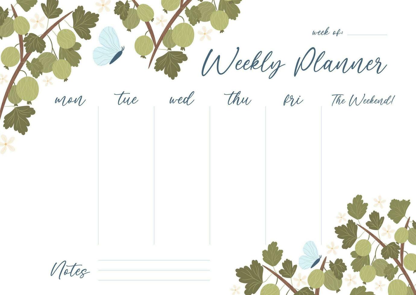 Printable weekly planner concept with green gooseberry plant illustration, vector